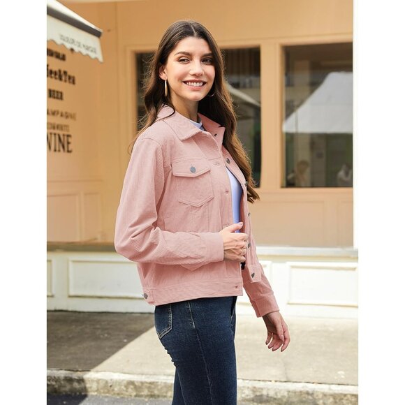 Women Light Pink Corduroy Cropped Shacket Button Down Long Sleeve Casual Coat - Picture 3 of 6
